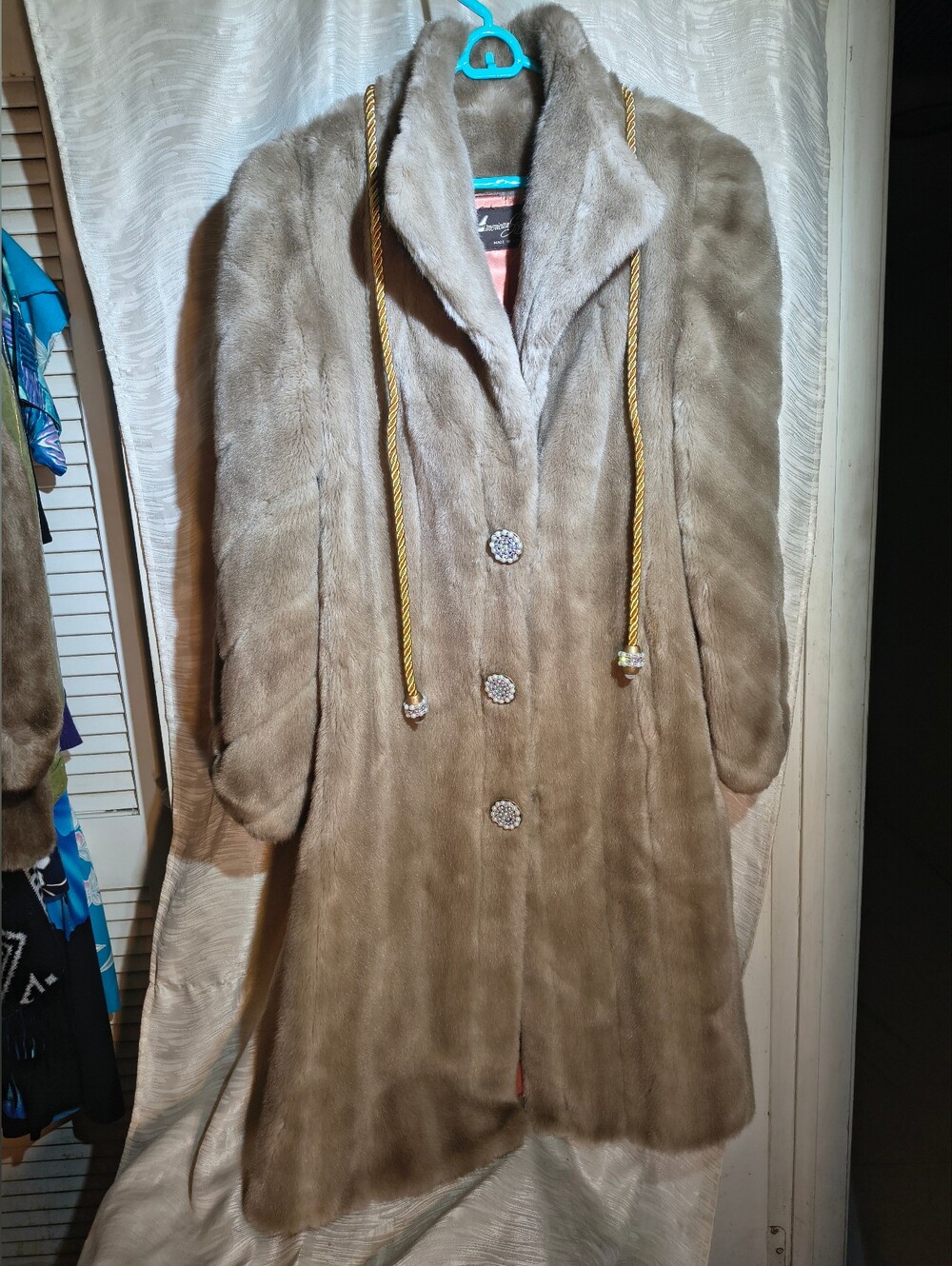 Custom Faux Mink Fur Coat, Tan, 12, Jeweled Buttons & Tie, Ready To Wear, USA
